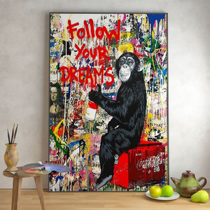 黑色大猩猩艺术家街头涂鸦油画挂画油彩客厅怀旧彩色野兽派装饰画