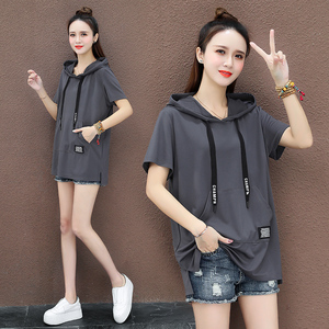 短袖连帽卫衣女装2020夏季新款韩版宽松时尚百搭原宿风上衣女夏天