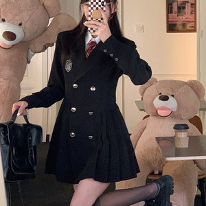 jk制服女秋款黑色西装裙双排扣日系英伦学院风收腰显瘦百褶连衣裙