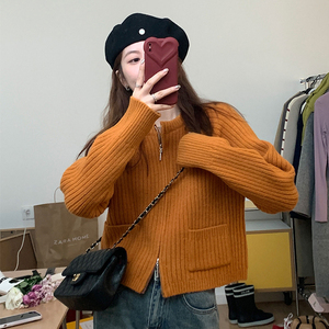 橘色双拉链针织毛衣开衫外搭女新款秋冬韩系设计感小众短外套上衣