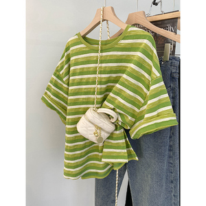 绿色条纹短袖正肩T恤女夏季薄款设计感小众体恤宽松牛油果绿上衣