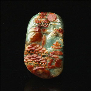 正品天然翡翠俏色红翡巧雕山水手把件玉雕山水男士把玩件配证书