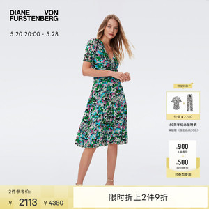 [双面皆美]DVF V领A字裙中长款弹力网纱连衣裙DS2R010