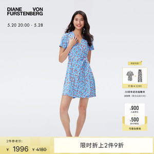 DVF 女士V领A字裙几何印花中袖短款裹身连衣裙DW2R015