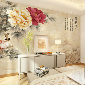 中国画洛阳赏牡丹花无缝壁画客厅电视背景墙纸花开富贵影墙布防潮