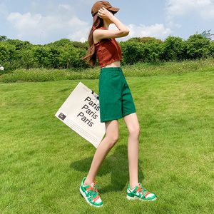 绿色牛仔短裤女五分宽松薄款高腰阔腿2022年新款夏季显瘦5分中裤