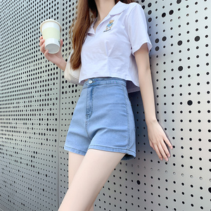 浅蓝色高腰牛仔短裤女2022夏季薄款宽松显瘦辣妹包臀超热裤潮ins