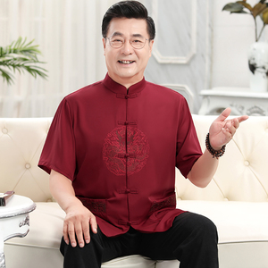 中国风唐装短袖婚礼爸爸装夏季薄款中老年人过寿父亲休闲夏装套装