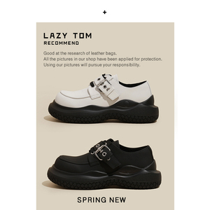 LazyTom 真皮小皮鞋女2024新款夏季厚底低帮大头休闲英伦增高单鞋