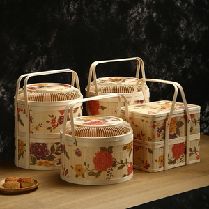 食盒多层手提送餐提篮食盒手提篮编制藤条提篮圆形竹编竹篮子礼盒