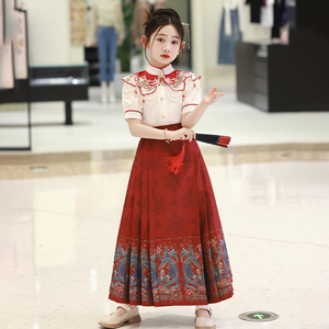 女童马面裙套装中国风夏季2024新款儿童红色古风汉服唐装夏款古装