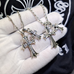 纯银ch吴亦凡克罗心十字架项链带钻复古大小双吊坠镶钻毛衣链男女