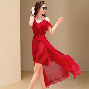 女装红色连衣裙子2024新款春秋雪纺夏季高端吊带礼服沙漠沙滩拍照