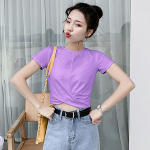 纯棉香芋紫色短袖t恤女短款修身2021新款夏装紧身小心机半袖上衣