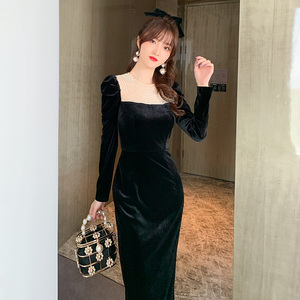 赫本风复古气质珍珠晚礼服裙子冬季女高级丝绒长袖黑色打底连衣裙