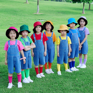 六一儿童表演出服夏季男女童彩色牛仔背带短裤套装幼儿园毕业拍照