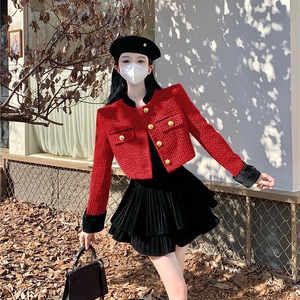小香风名媛气质套装短裙子秋冬季加厚红色高级感小洋装两件套女装