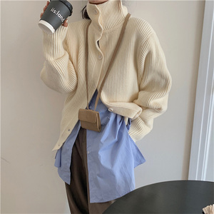 慵懒风冬季复古毛衣开衫搭配蓝色侧边开叉寸衫女2020新款简约衬衣