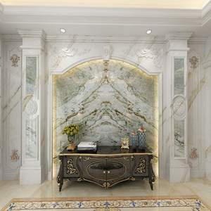 欧式客厅电视背景墙瓷砖造型人造大理石边框弧形双柱罗马柱影视墙