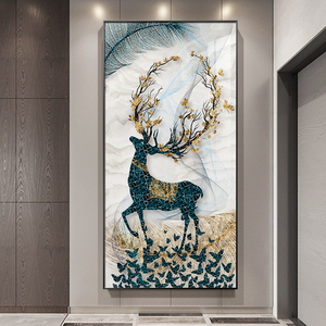 现代简约玄关装饰画竖版入户客厅过道壁画招财鹿轻奢走廊尽头挂画