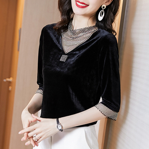 2021春季新款金丝绒女装时尚高端小衫洋气v领丝绒半袖上衣中袖t恤