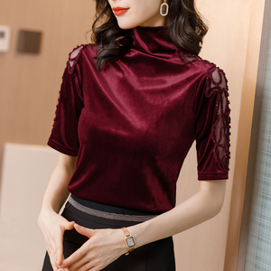 半袖2020年新款女半高领金丝绒短袖t恤女烫钻中袖打底衫时尚洋气