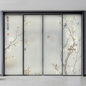 定制玻璃磨砂贴纸窗户静电透光不透明工笔花鸟客厅阳台推拉门贴膜