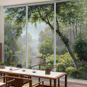 免胶磨砂贴膜遮光山水风景画瀑布流水定制自粘客厅玄关门玻璃贴纸