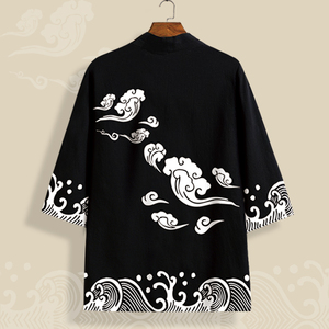 男士休闲衬衫薄外套祥云图案王也道袍五分袖运动衣服宽松夏天男装