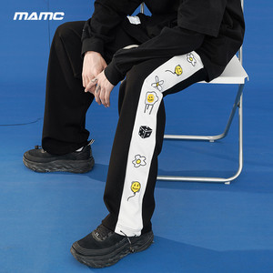 【88狂欢价】mamc侧织带小花长裤国潮牌宽松裤男女撞色黑白