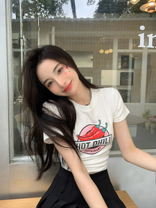 小辣椒印花短袖t恤女ins潮夏季纯欲辣妹性感别致chic港味短款上衣