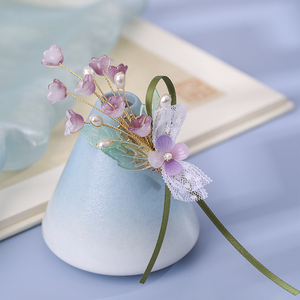 古风发夹清新紫色铃兰边夹古典旗袍配饰汉服头饰丝带花朵夹子古装