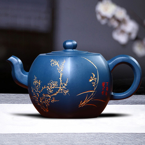 抖草家居宗华全手工制梅兰竹菊君子六方紫砂壶茶具茶器原矿天青泥