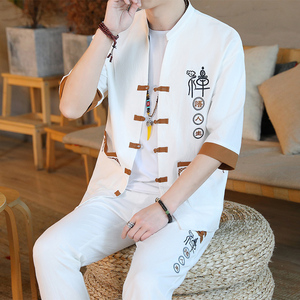 中国风套装男韩版棉麻佛系汉服搭配一套唐装夏季短袖休闲开衫T恤