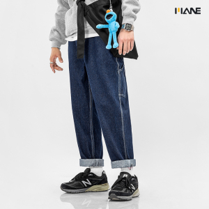 mane潮牌牛仔裤男直筒宽松阔腿裤蓝色港风2021春秋季韩版潮流百搭