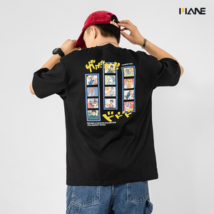 mane潮牌日系漫画风背部印花短袖男t恤潮 宽松大码休闲半袖打底衫