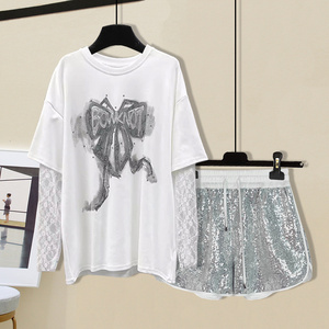 设计感时尚洋气女夏新款宽松假两件蕾丝长袖T恤+亮片休闲短裤套装