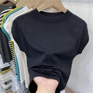 黑色t恤女短袖2024夏季冰丝针织薄款设计感小众打底衫无袖上衣潮