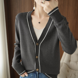 撞色v领针织开衫女宽松2021秋冬新款韩版长袖鸡心领短款毛衣外套