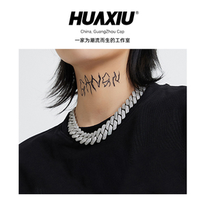 HUAXIU原创20mm菱形满钻古巴项链男三排加密锆石嘻哈潮流女锁骨链