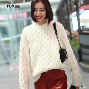 正品tuxee刘雯大表姐明星同款衣服白色圆领加厚宽松羊绒衫毛衣女