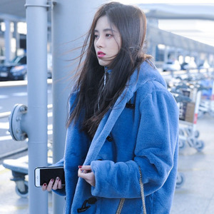 正品tuxee新款鞠婧祎机场同款蓝色连帽牛角扣宽松休闲毛绒外套