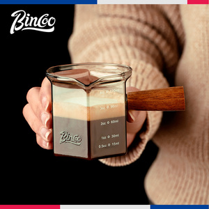 bincoo玻璃咖啡萃取杯带刻度量杯浓缩咖啡液小奶盅意式木柄盎司杯