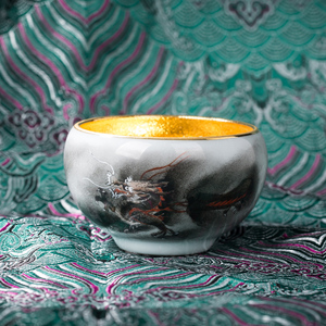 墨修缘蔡志强名家24k菩提金叶建盏手工手绘龙凤杯大号个人单茶杯