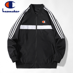 冠军运动夹克男女品牌加绒外套秋冬季百搭棒球服大码三道杠上衣服