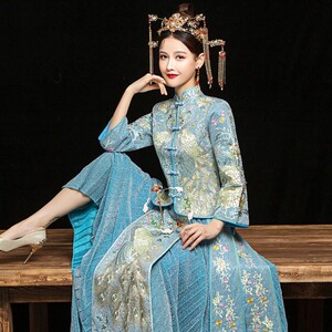 蓝色秀禾服新娘礼服2021新款结婚中国风敬酒服女中式婚纱孕妇大