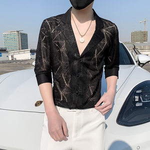 男士短袖衬衫夏季古巴领七分中袖冰丝镂空夜店男装发型师潮牌衬衣