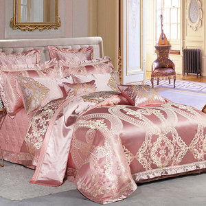 高档欧式贡缎提花床上用品四件套奢华粉色婚庆床盖六八十件套床品
