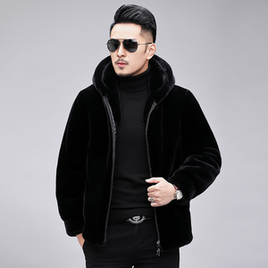利郎狮大衣男士仿水貂绒外套男短款连帽仿貂皮风衣2020新款仿皮草