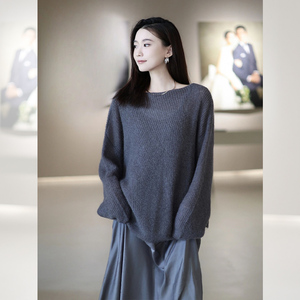 灰色圆领毛衣女秋冬季韩版宽松外穿法式慵懒风小个子套头短款上衣
